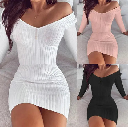 Elegant V-Neck Slim Fit Long-Sleeve Dress