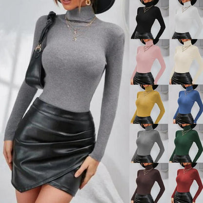 Solid Ribbed Turtle Neck Long Sleeve Knitted Top