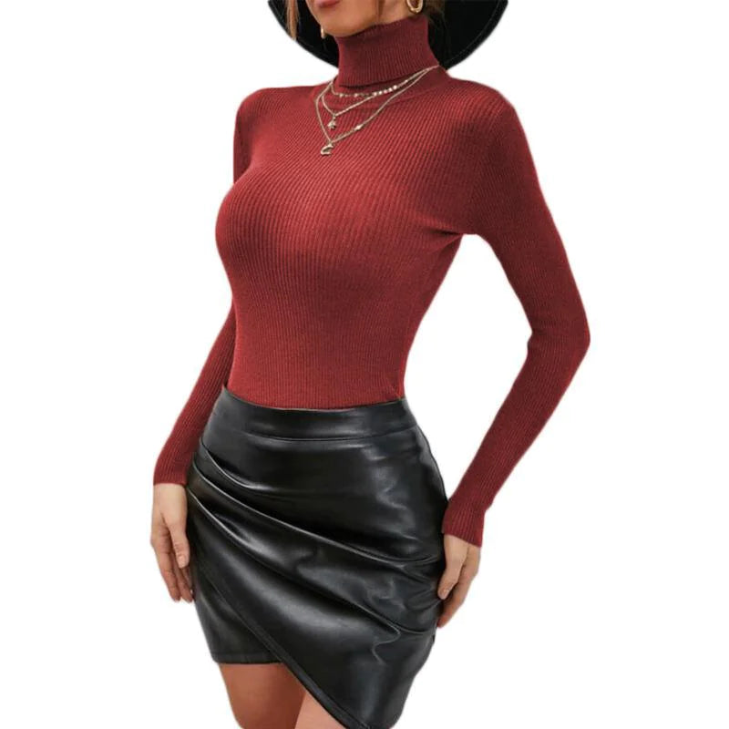 Solid Ribbed Turtle Neck Long Sleeve Knitted Top