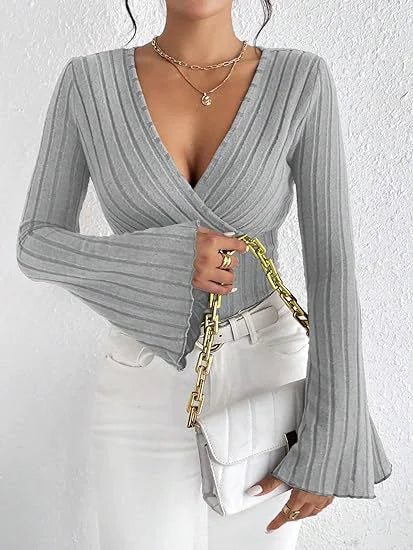 Ribbed V-Neck Slim-Fit Long Sleeve Top